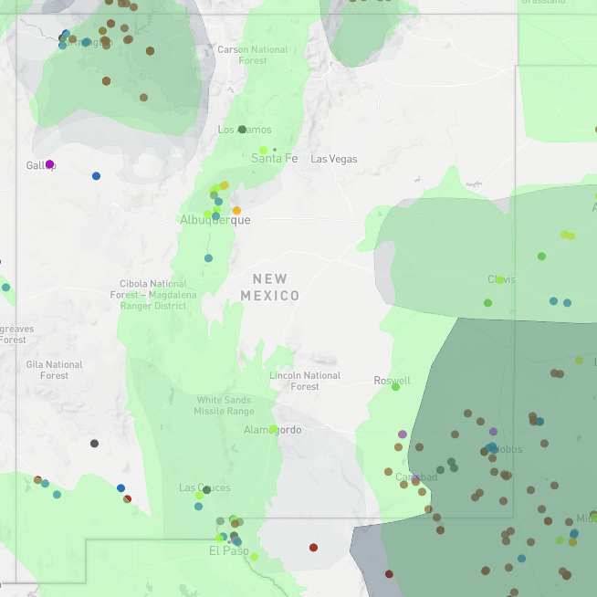 Map of New Mexico showing CO2 sources, sedimentary basins and saline storage regions.